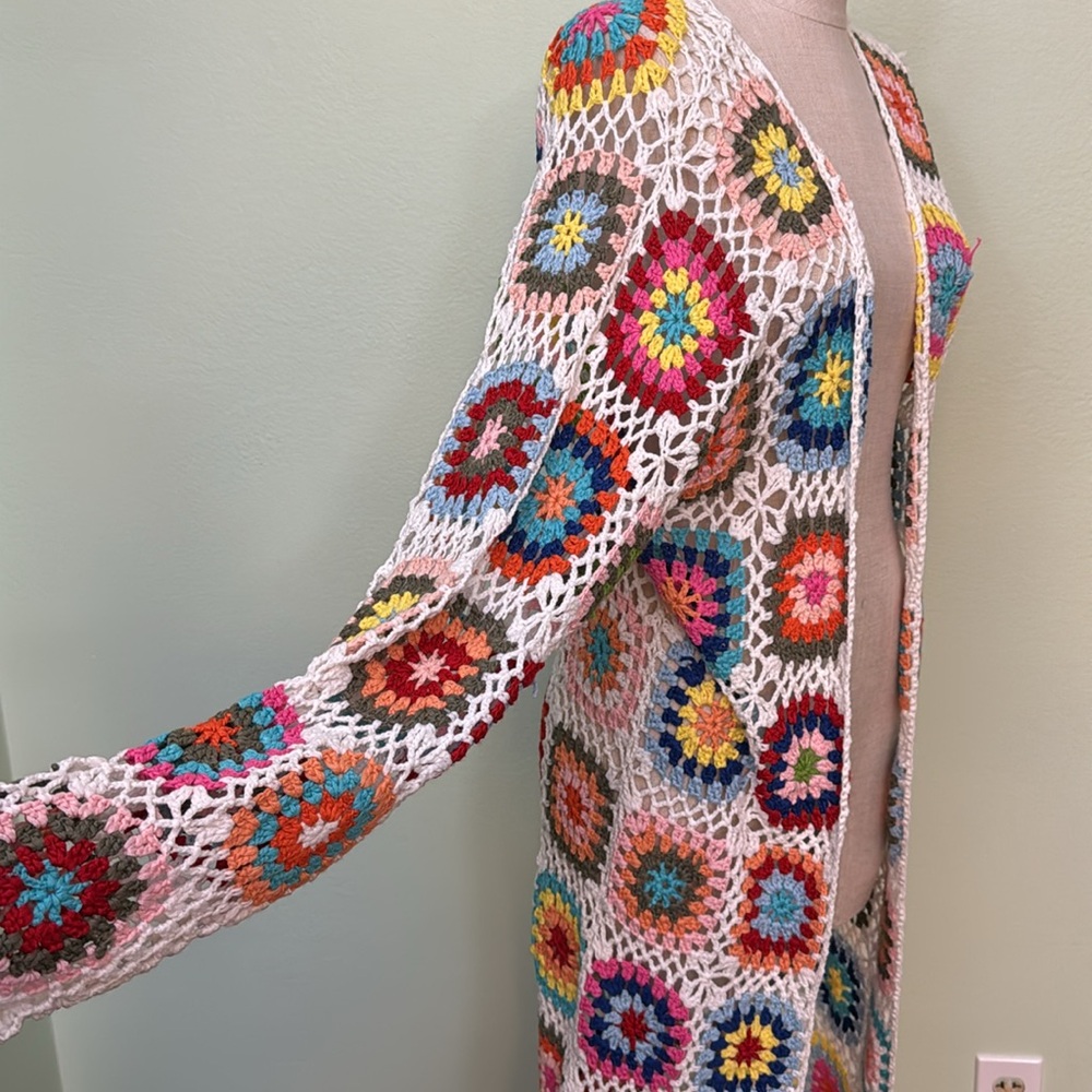 BIBI Handmade Granny Square Crochet Cardigan swim suit coverup long cardigan L - Picture 10 of 12